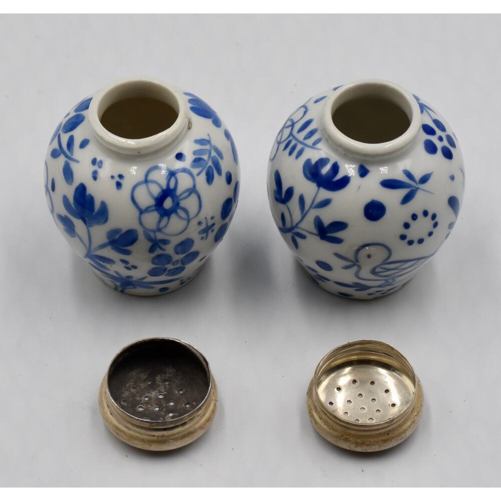 Rare Meissen Blue Porcelain Salt & Pepper Hand Painted Sterling Silver Lids - Picture 9 of 13